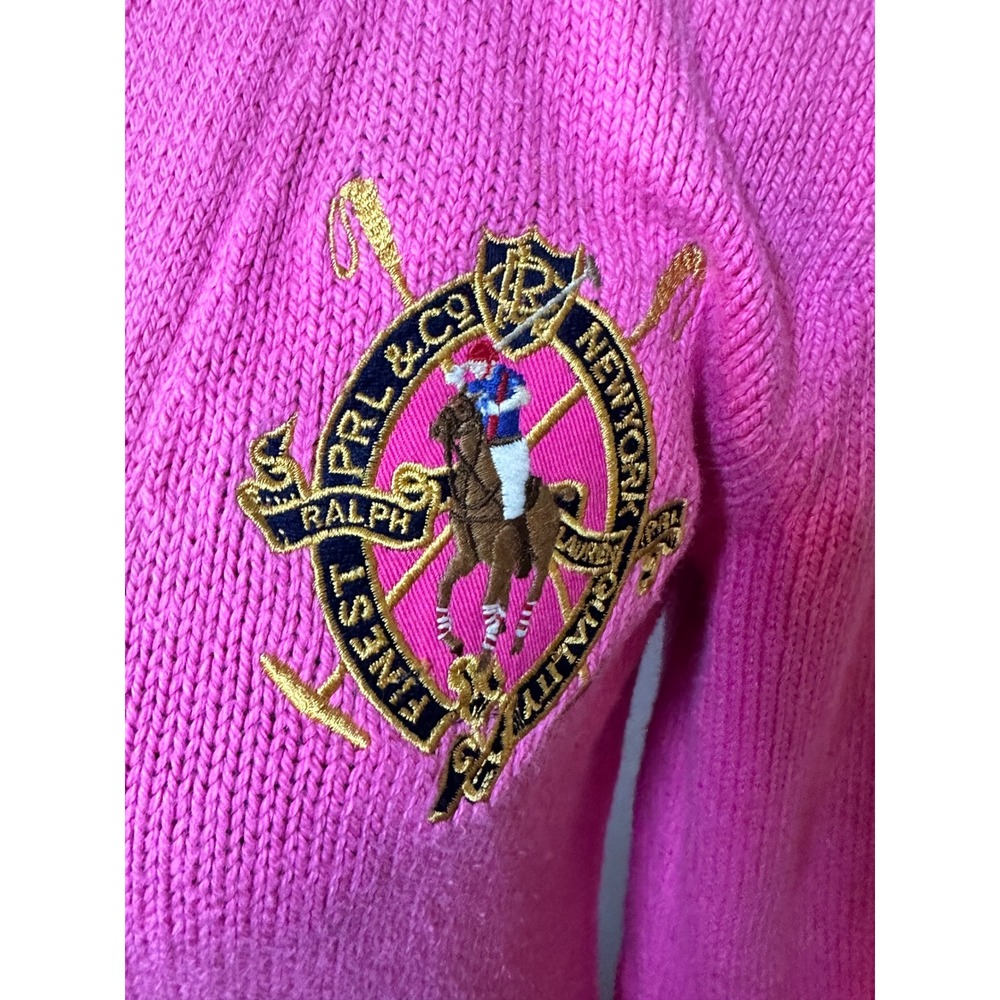 Ralph Lauren Sport Womens Hot Pink Cotton V-Neck Crest Sweater Large VTG Preppy - Picture 2 of 5